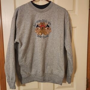 Vintage Grandma Sweatshirt Size M Double Collar Teddy Bears Applique Gray Navy